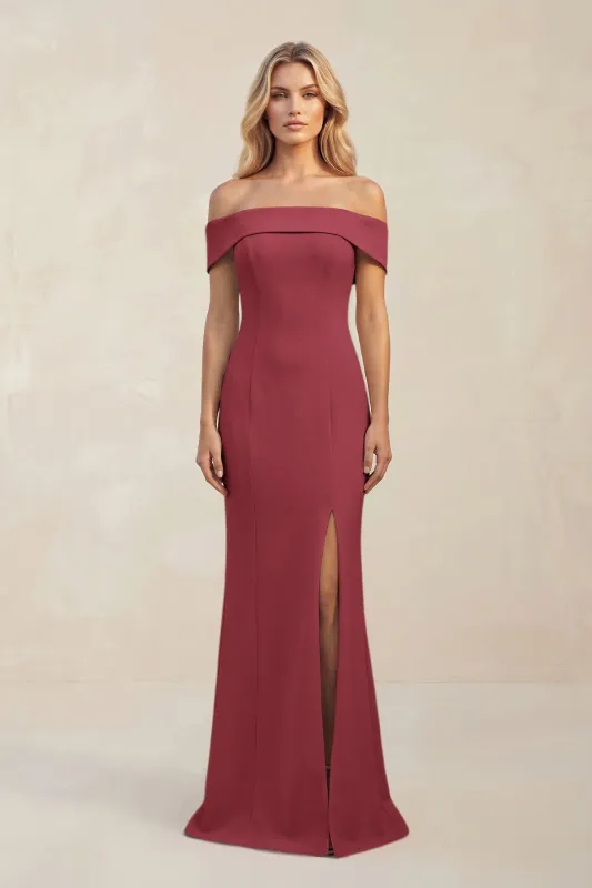 Sheath Off-the-Shoulder Satin Bridesmaid Dress With Slit in Merlot made by KissProm