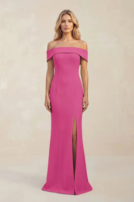 Sheath Off-the-Shoulder Satin Bridesmaid Dress With Slit in Fuchsia made by KissProm