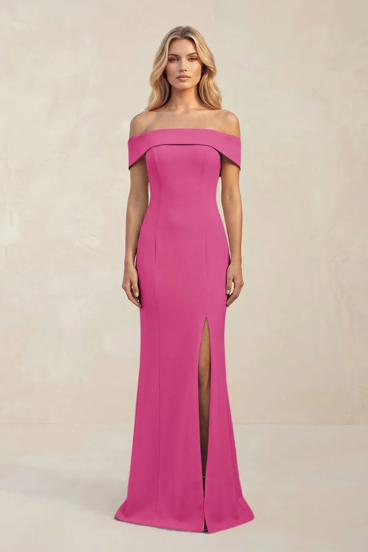 Sheath Off-the-Shoulder Satin Bridesmaid Dress With Slit in Fuchsia sold by KissProm