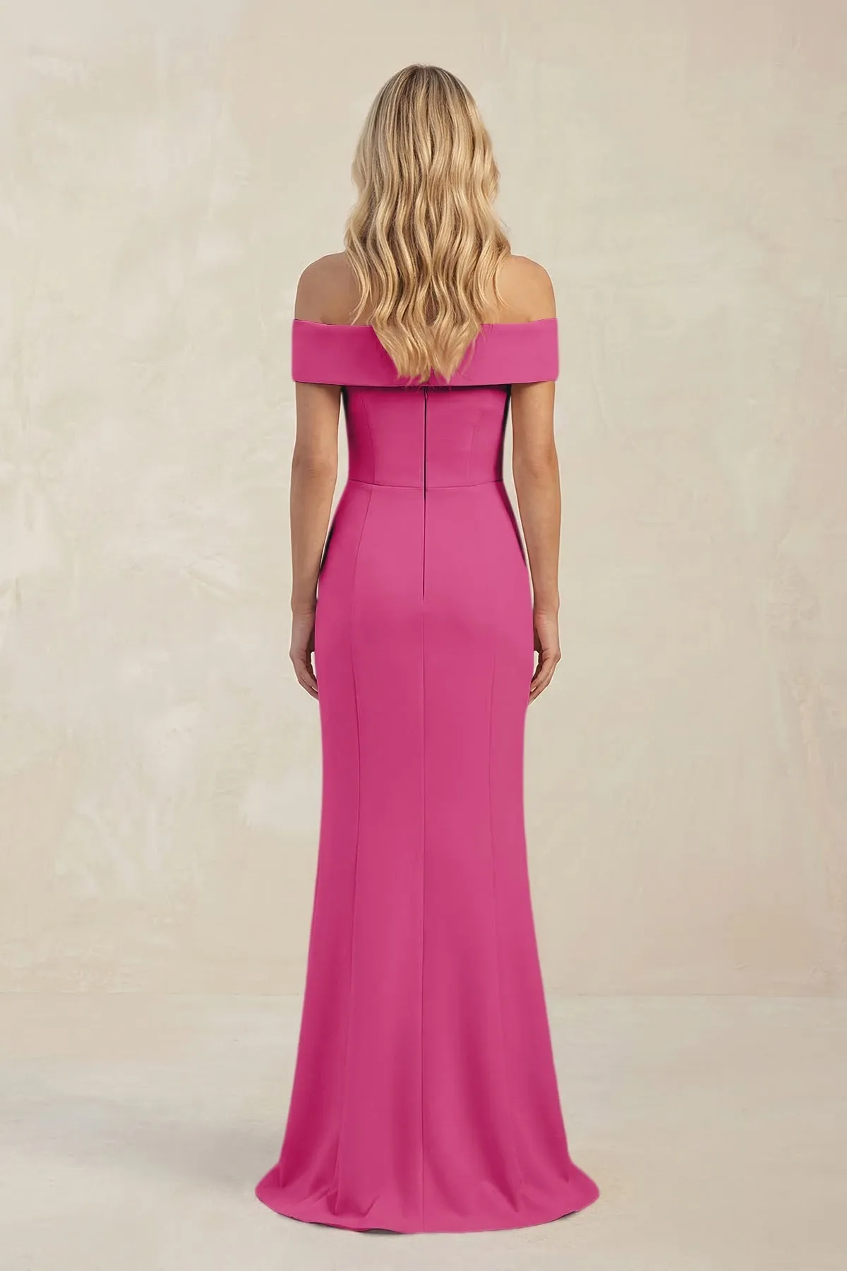 Sheath Off-the-Shoulder Satin Bridesmaid Dress With Slit in Fuchsia sold by KissProm product image thumbnail 2