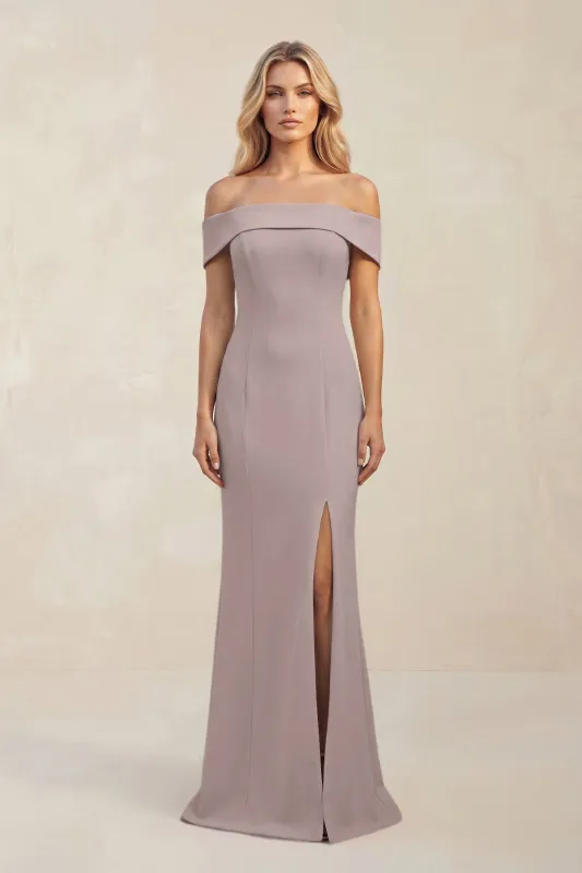 Sheath Off-the-Shoulder Satin Bridesmaid Dress With Slit in Almond made by KissProm