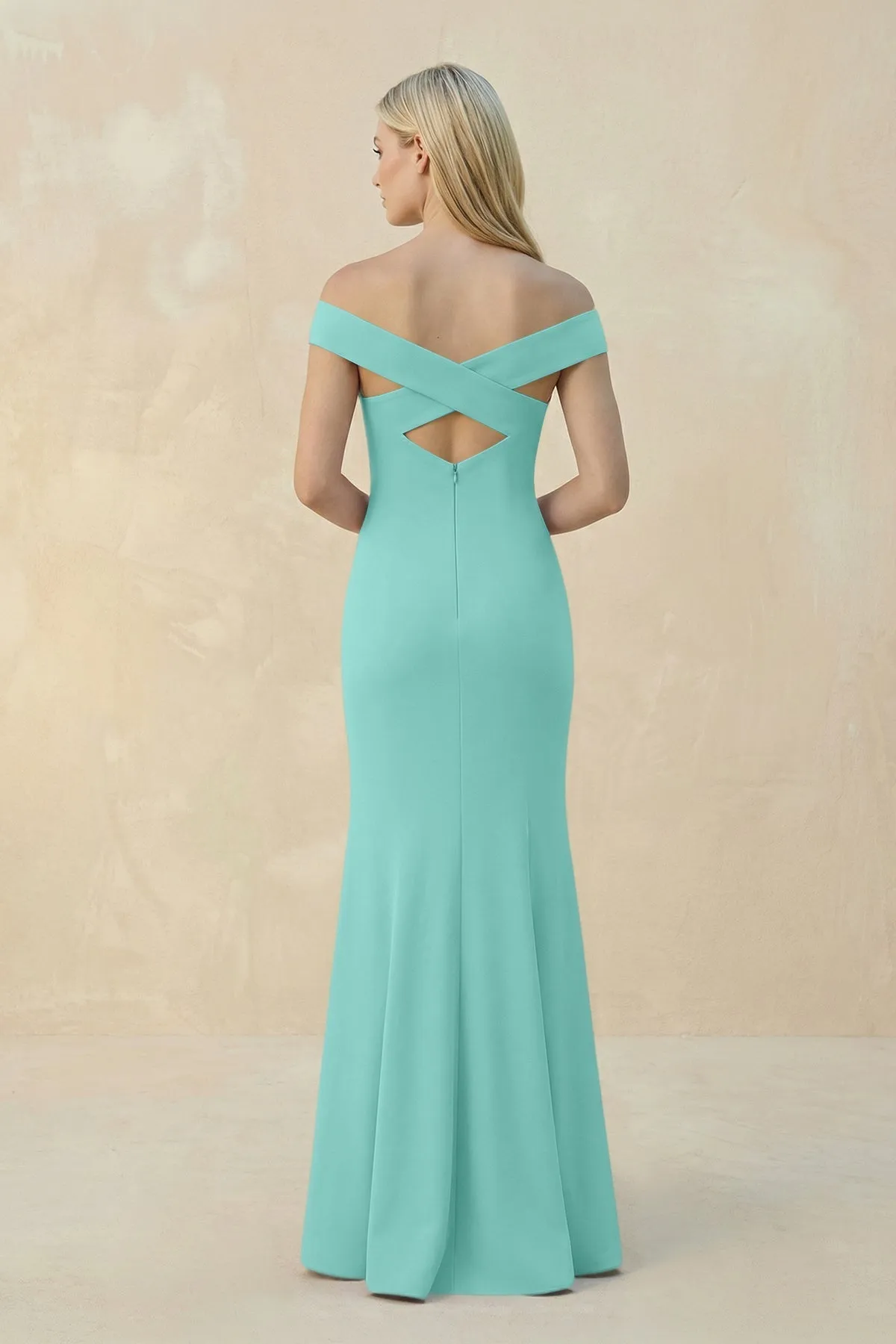 Off-the-Shoulder Sheath Matte Satin Bridesmaid Dress in Mint Green sold by KissProm product image thumbnail 2
