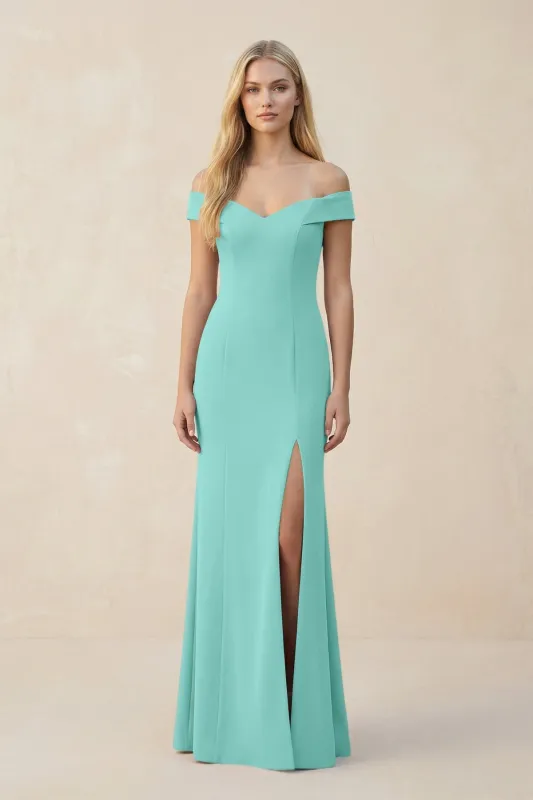 Off-the-Shoulder Sheath Matte Satin Bridesmaid Dress in Mint Green made by KissProm