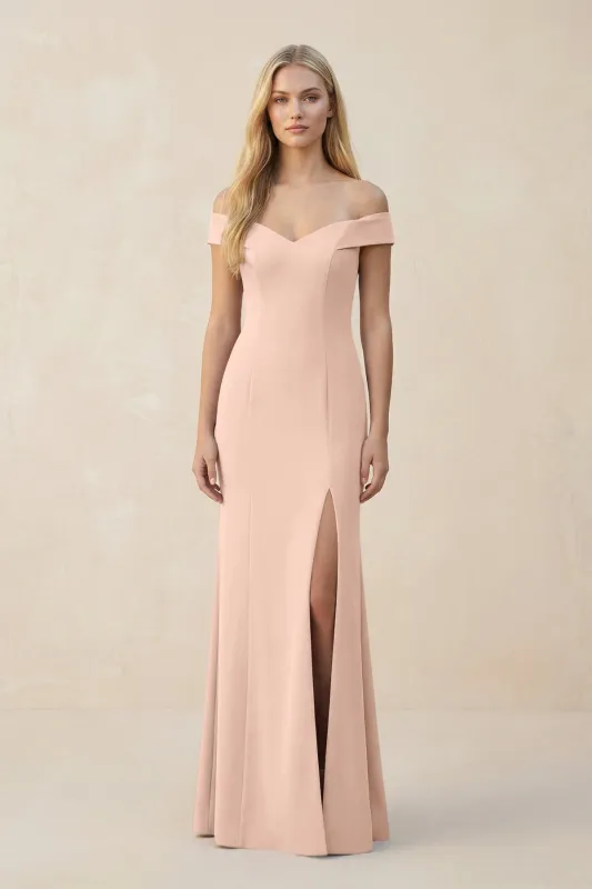 Off-the-Shoulder Sheath Matte Satin Bridesmaid Dress in Coral Pink made by KissProm
