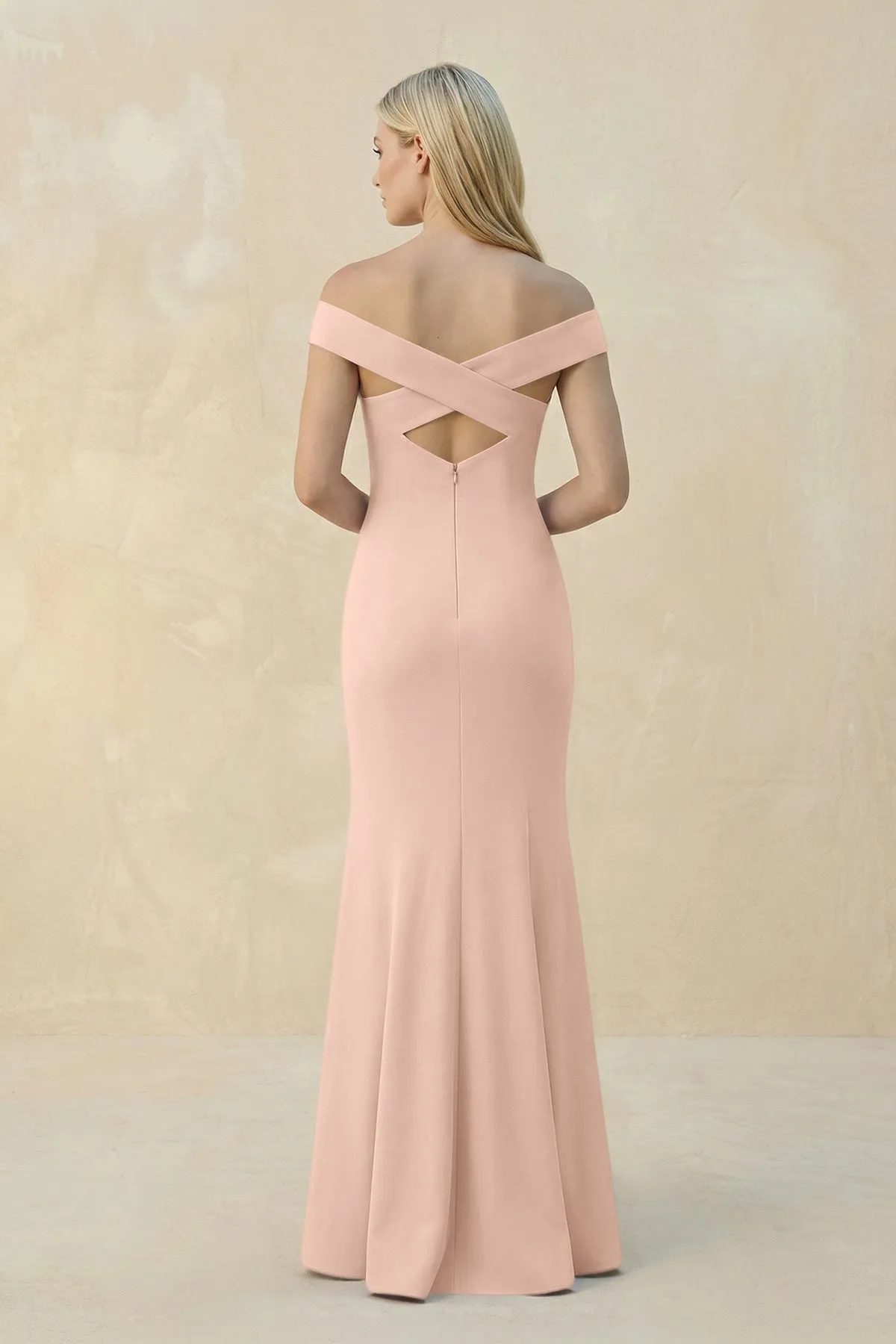 Off-the-Shoulder Sheath Matte Satin Bridesmaid Dress in Coral Pink sold by KissProm product image thumbnail 2