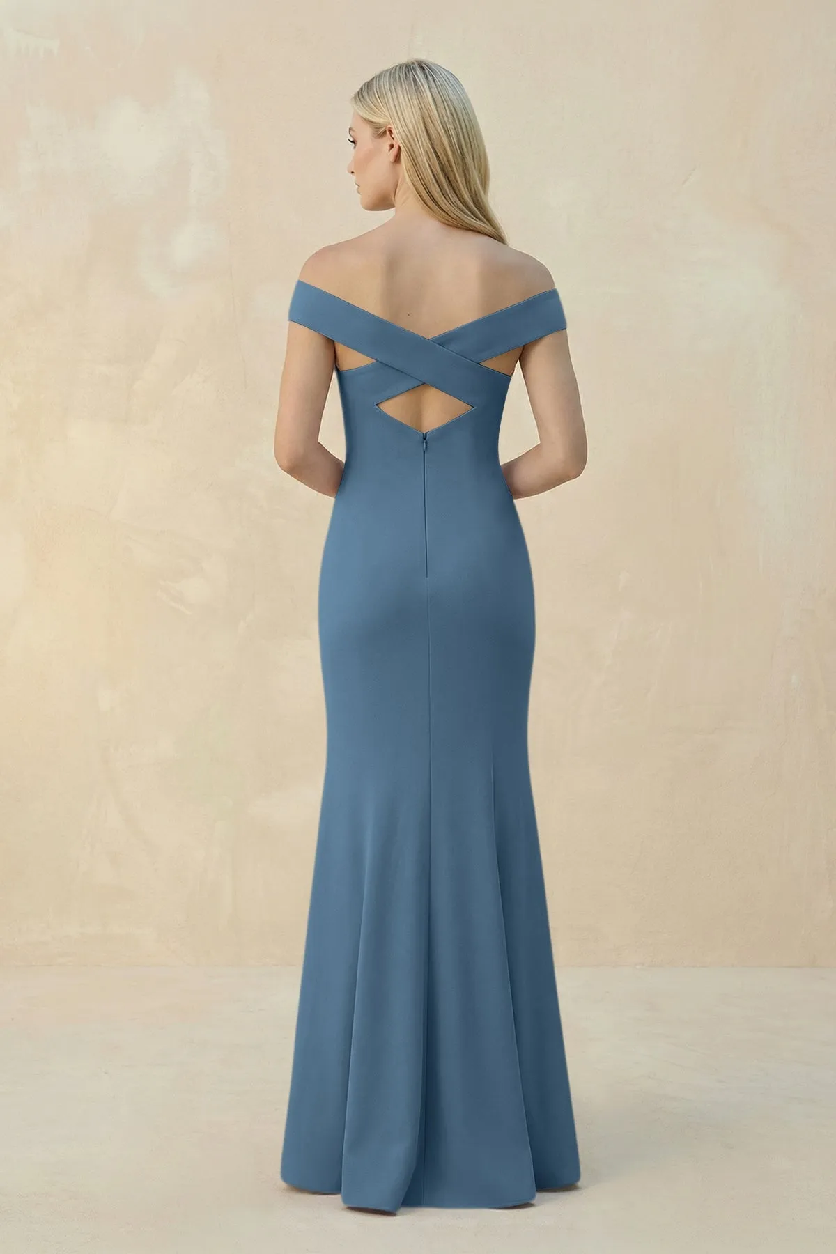Off-the-Shoulder Sheath Matte Satin Bridesmaid Dress in Neptune sold by KissProm product image thumbnail 2