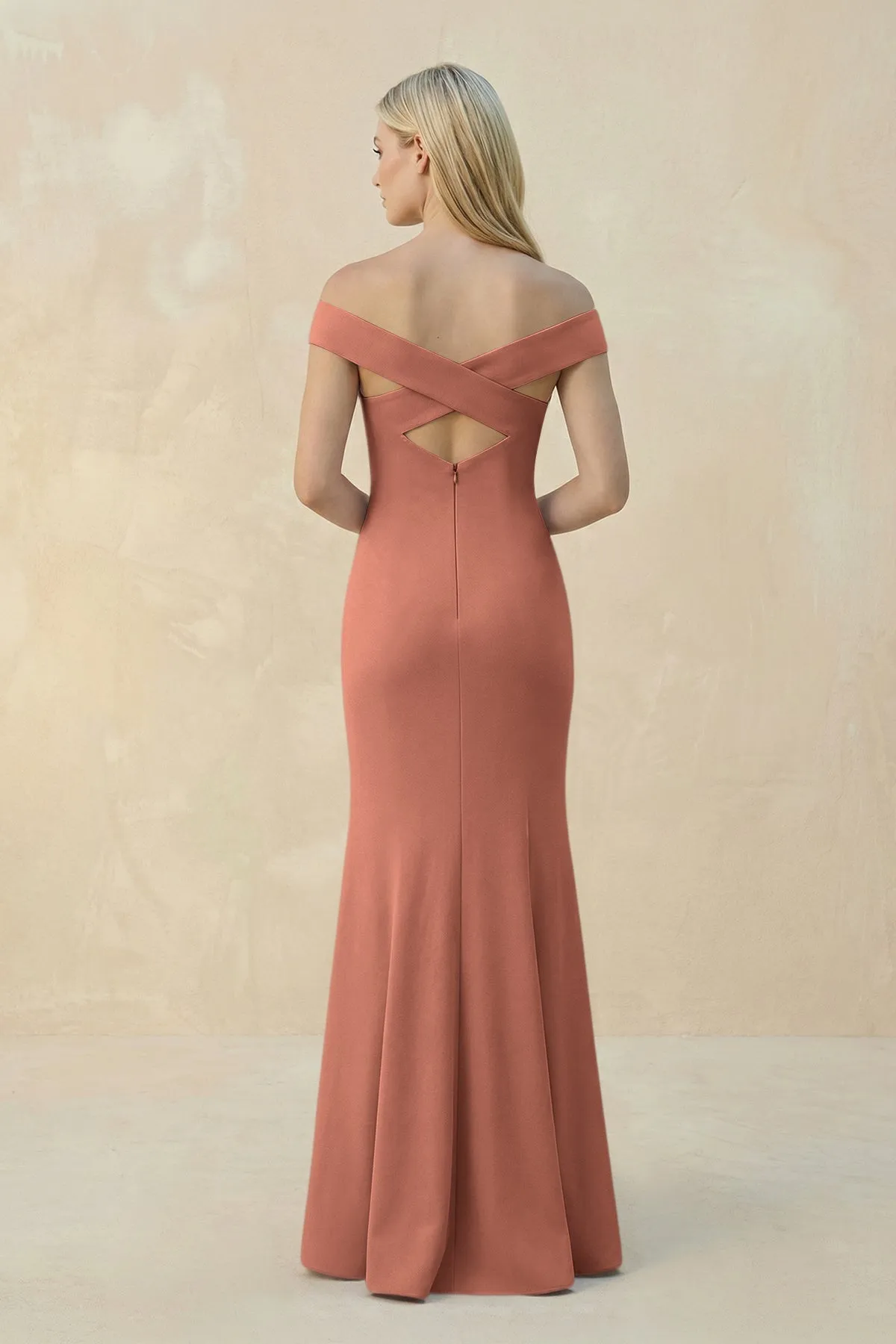 Off-the-Shoulder Sheath Matte Satin Bridesmaid Dress in Wild Rose sold by KissProm product image thumbnail 2