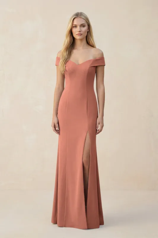 Off-the-Shoulder Sheath Matte Satin Bridesmaid Dress in Wild Rose made by KissProm