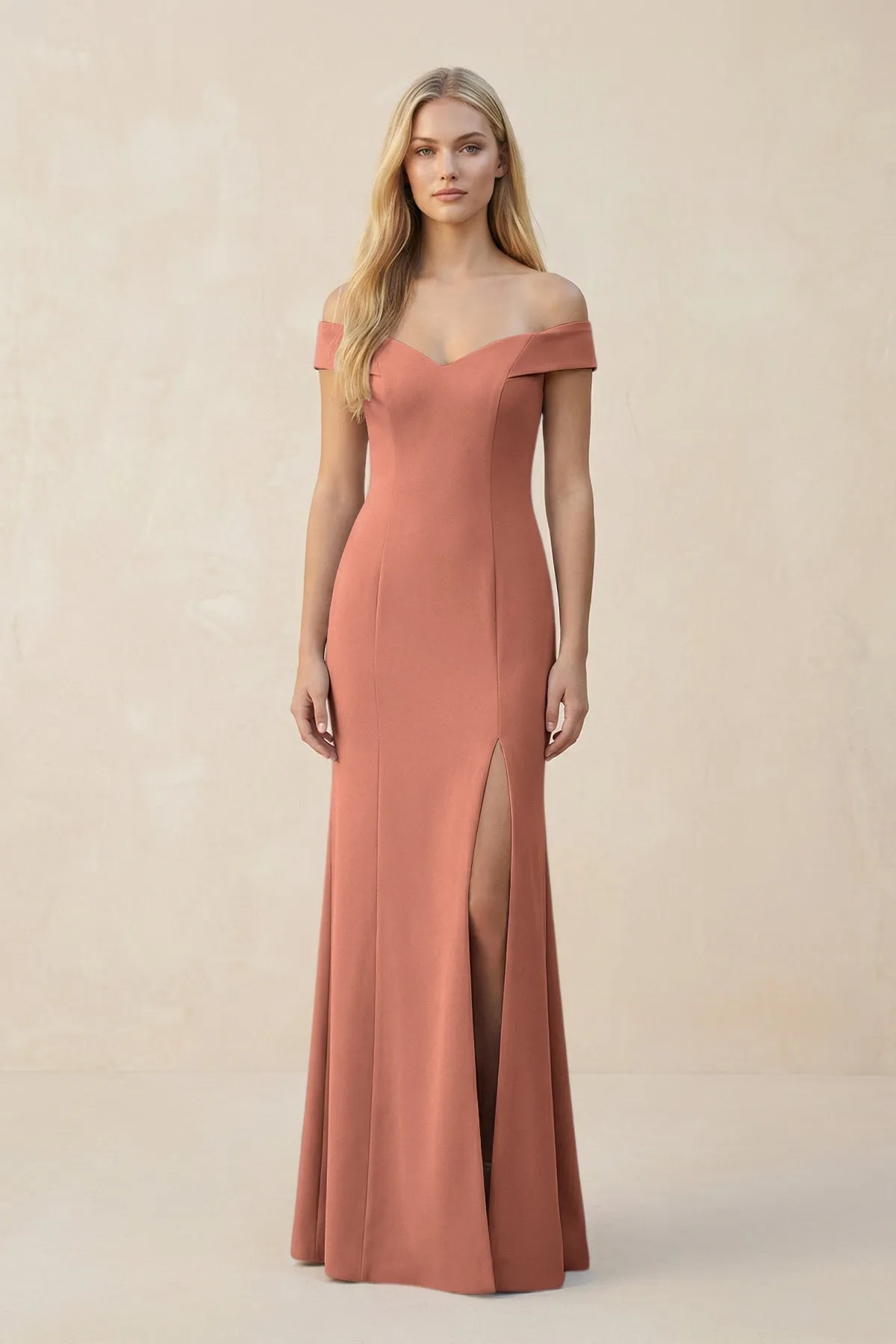 Off-the-Shoulder Sheath Matte Satin Bridesmaid Dress in Wild Rose sold by KissProm