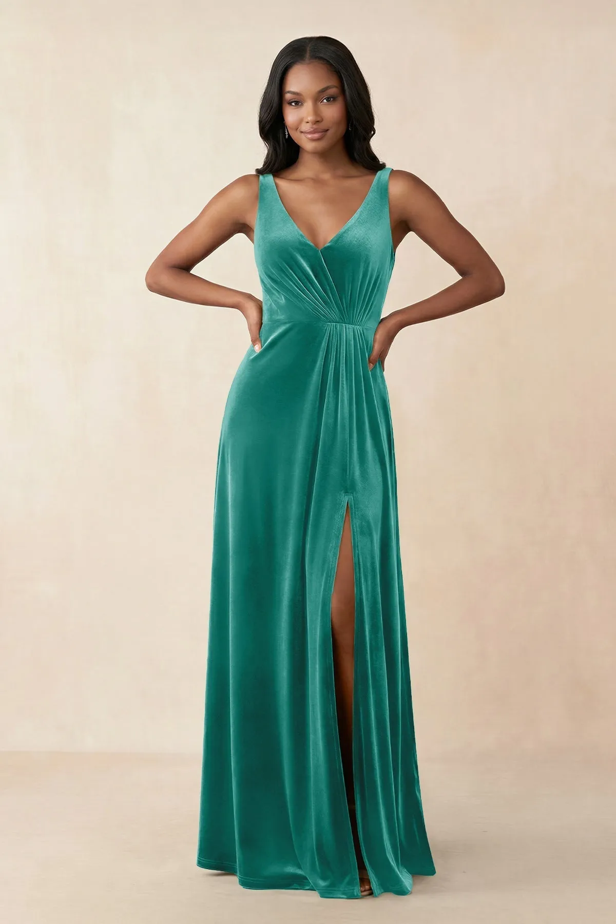 V-Neck Ruched A-Line Velvet Bridesmaid Dress in Turquoise sold by KissProm