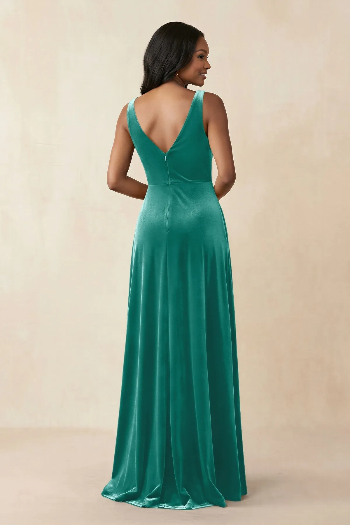 V-Neck Ruched A-Line Velvet Bridesmaid Dress in Turquoise sold by KissProm product image thumbnail 2