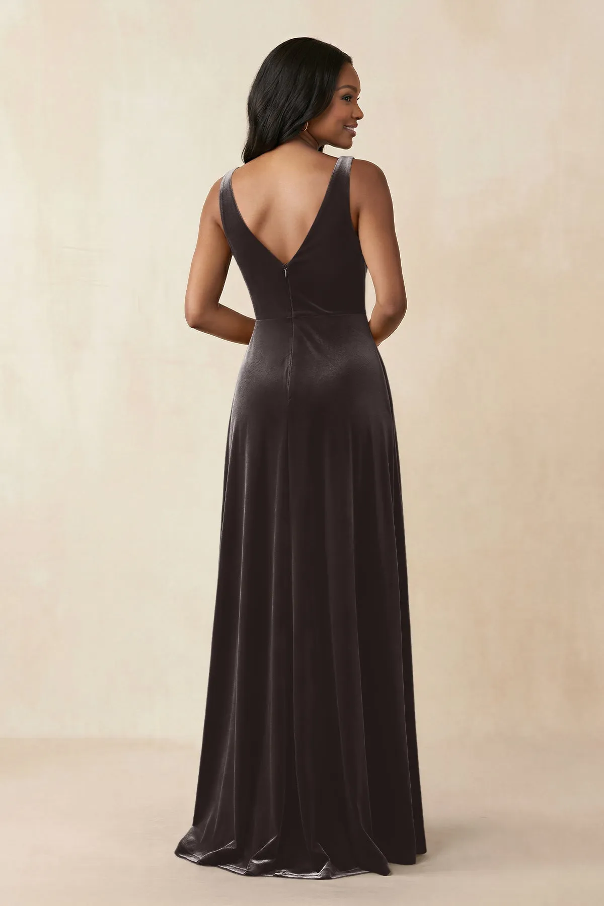 V-Neck Ruched A-Line Velvet Bridesmaid Dress in Espresso sold by KissProm product image thumbnail 2