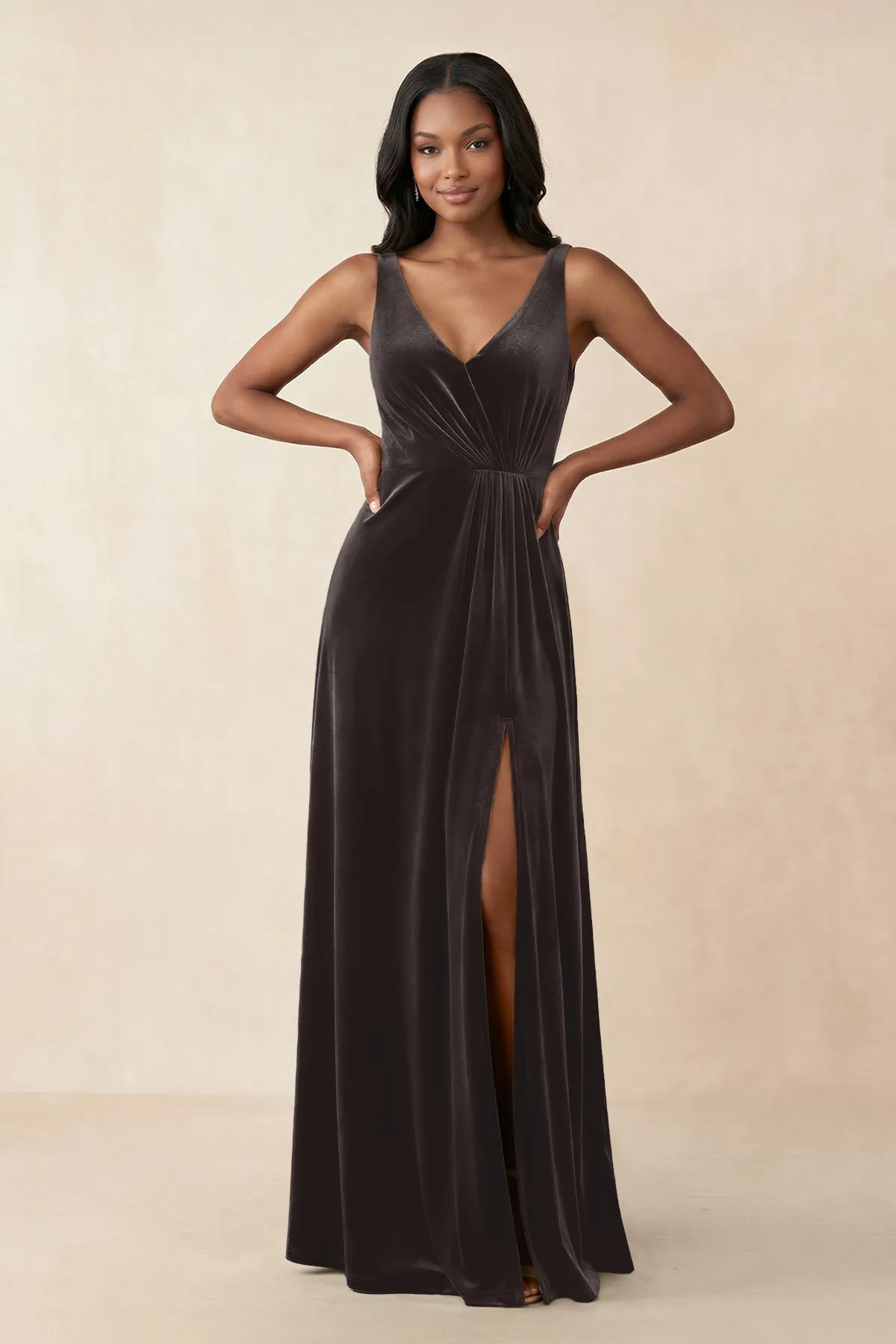 V-Neck Ruched A-Line Velvet Bridesmaid Dress in Espresso sold by KissProm