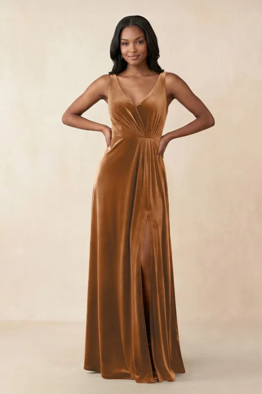 V-Neck Ruched A-Line Velvet Bridesmaid Dress in Brown made by KissProm