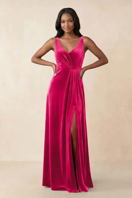 V-Neck Ruched A-Line Velvet Bridesmaid Dress in Fuchsia made by KissProm