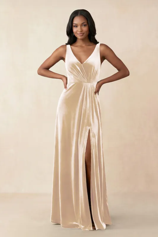 V-Neck Ruched A-Line Velvet Bridesmaid Dress in Champagne made by KissProm