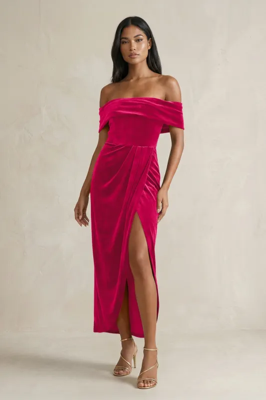 Off-the-Shoulder Sheath Velvet Midi Bridesmaid Dress in Fuchsia made by KissProm