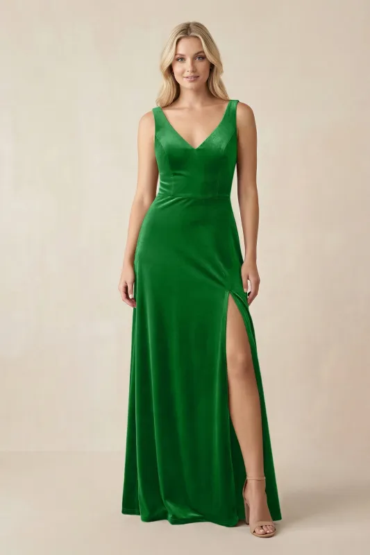 V-Neck A-Line Velvet Bridesmaid Dress in Green made by KissProm
