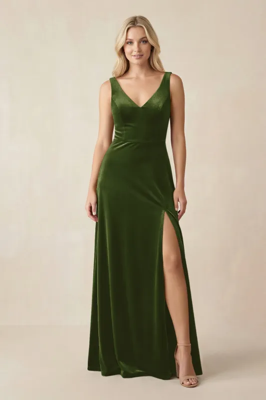 V-Neck A-Line Velvet Bridesmaid Dress in Olive made by KissProm