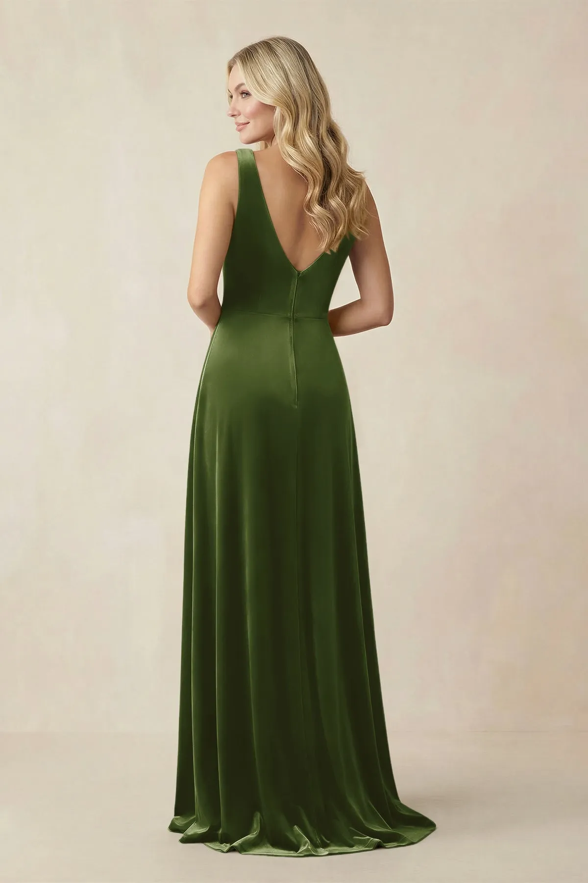 V-Neck A-Line Velvet Bridesmaid Dress in Olive sold by KissProm product image thumbnail 2