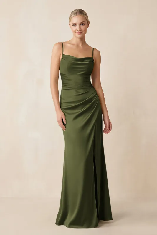 Cami Strap Ruched Satin Sheath Bridesmaid Dress in Olive made by KissProm