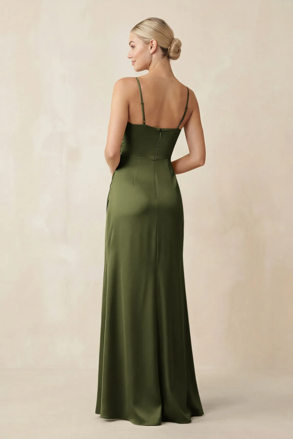 Cami Strap Ruched Satin Sheath Bridesmaid Dress in Olive sold by KissProm product image thumbnail 2