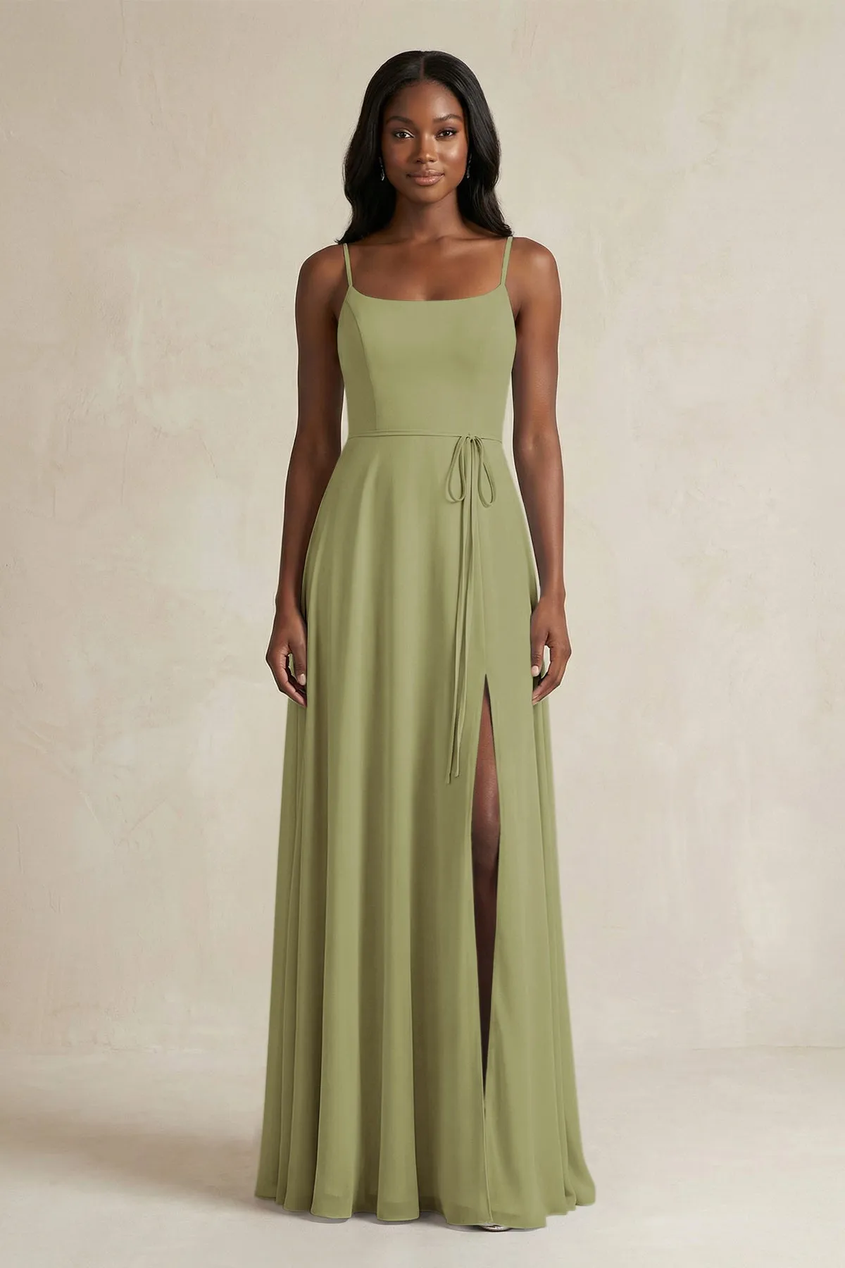 A-Line Spaghetti Straps Chiffon Bridesmaid Dress in Moss Green sold by KissProm