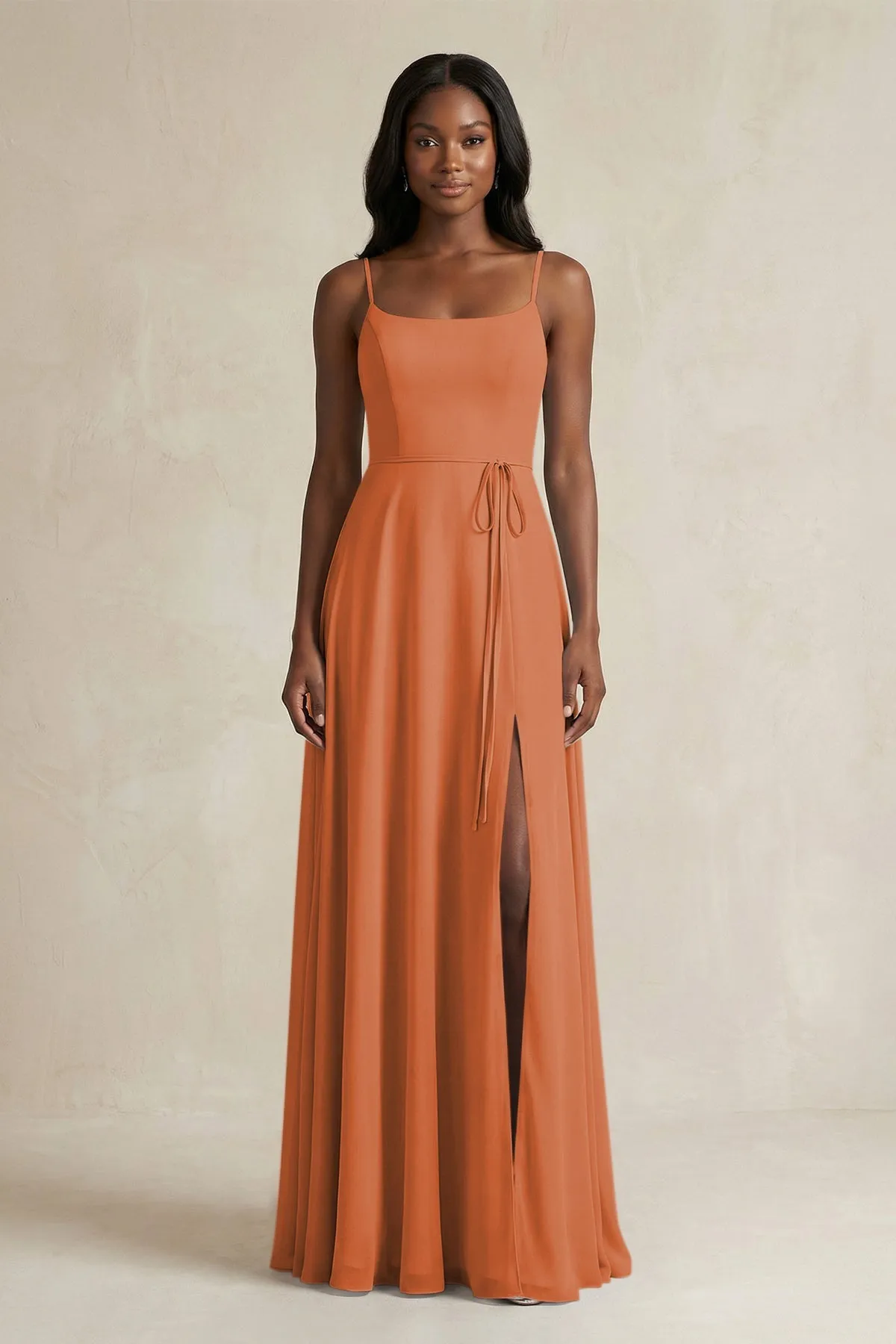 A-Line Spaghetti Straps Chiffon Bridesmaid Dress in Terracotta sold by KissProm