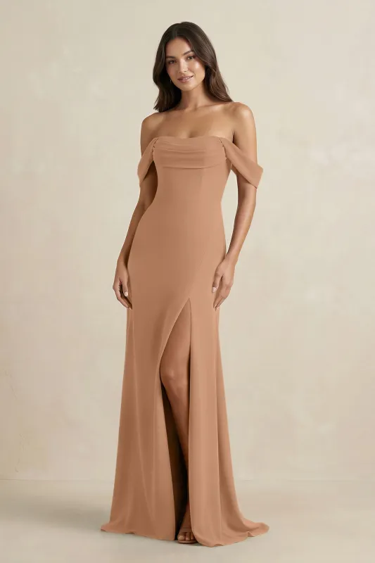 Off-the-Shoulder Sheath Bridesmaid Dress with Slit in Bronzer made by KissProm