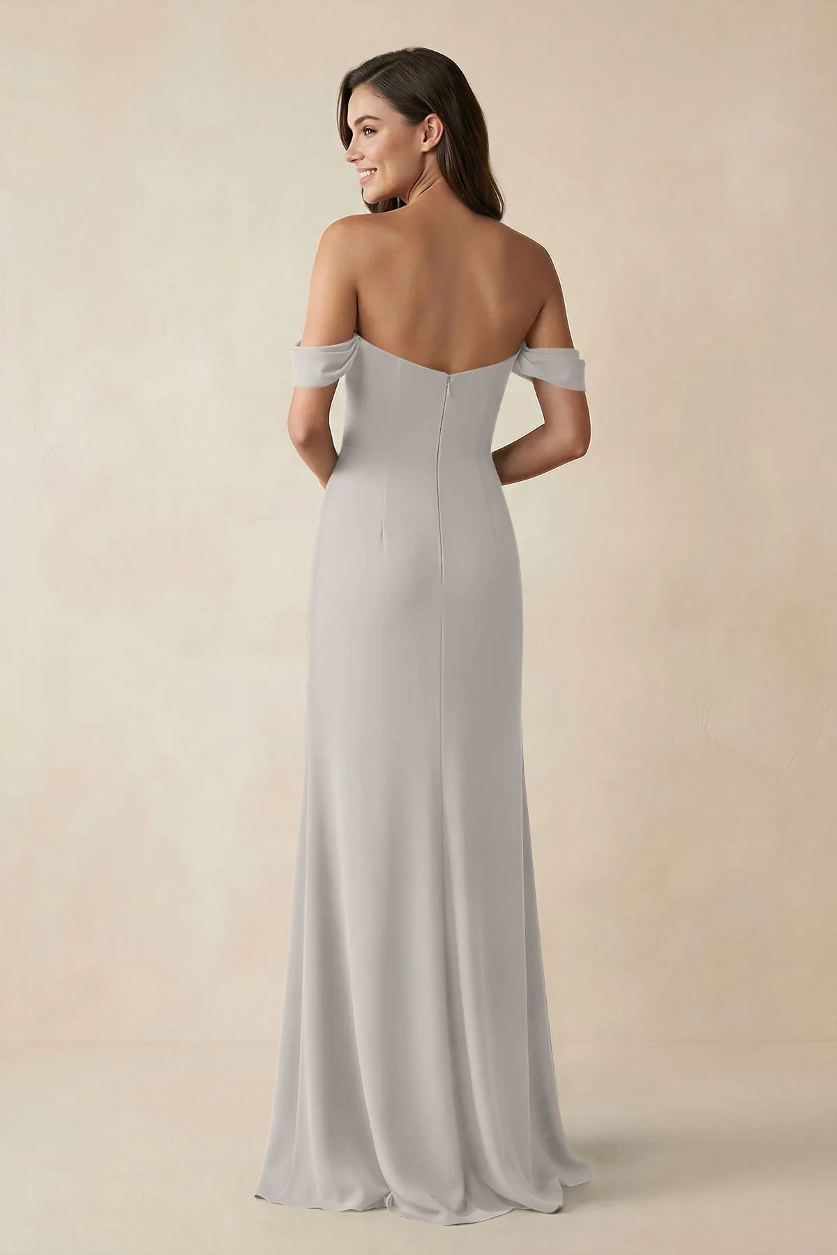 Off-the-Shoulder Sheath Bridesmaid Dress with Slit in Silver sold by KissProm product image thumbnail 2