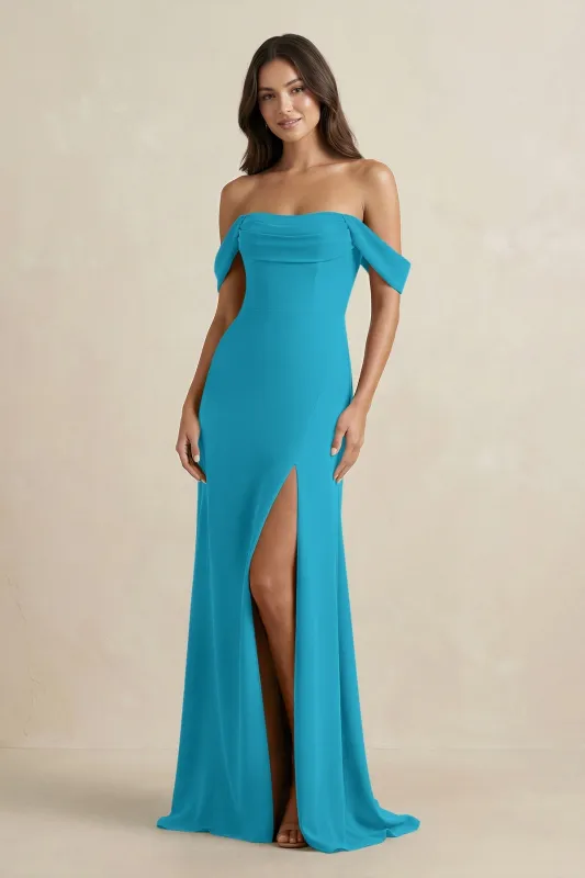 Off-the-Shoulder Sheath Bridesmaid Dress with Slit in Blue Jay made by KissProm