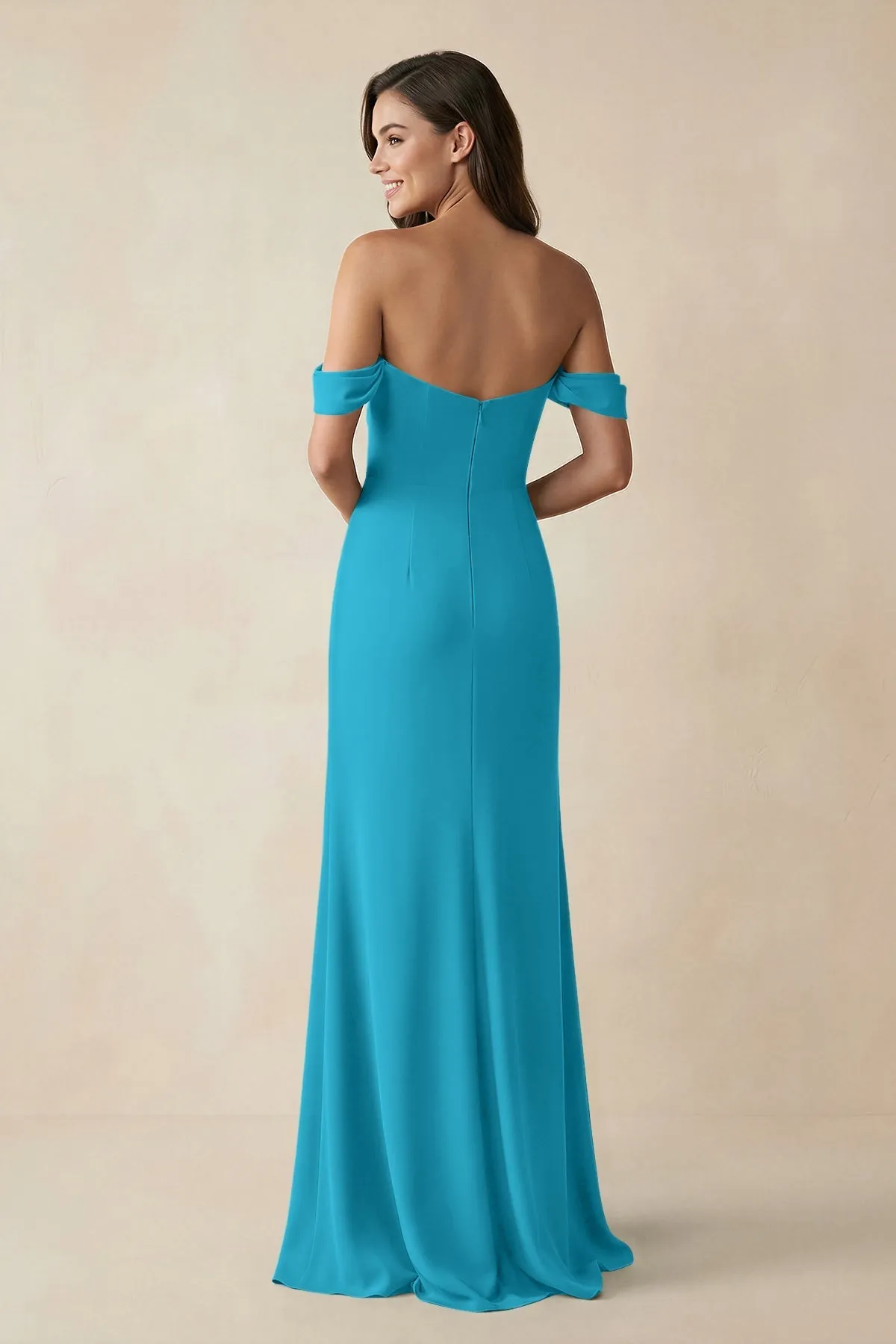 Off-the-Shoulder Sheath Bridesmaid Dress with Slit in Blue Jay sold by KissProm product image thumbnail 2