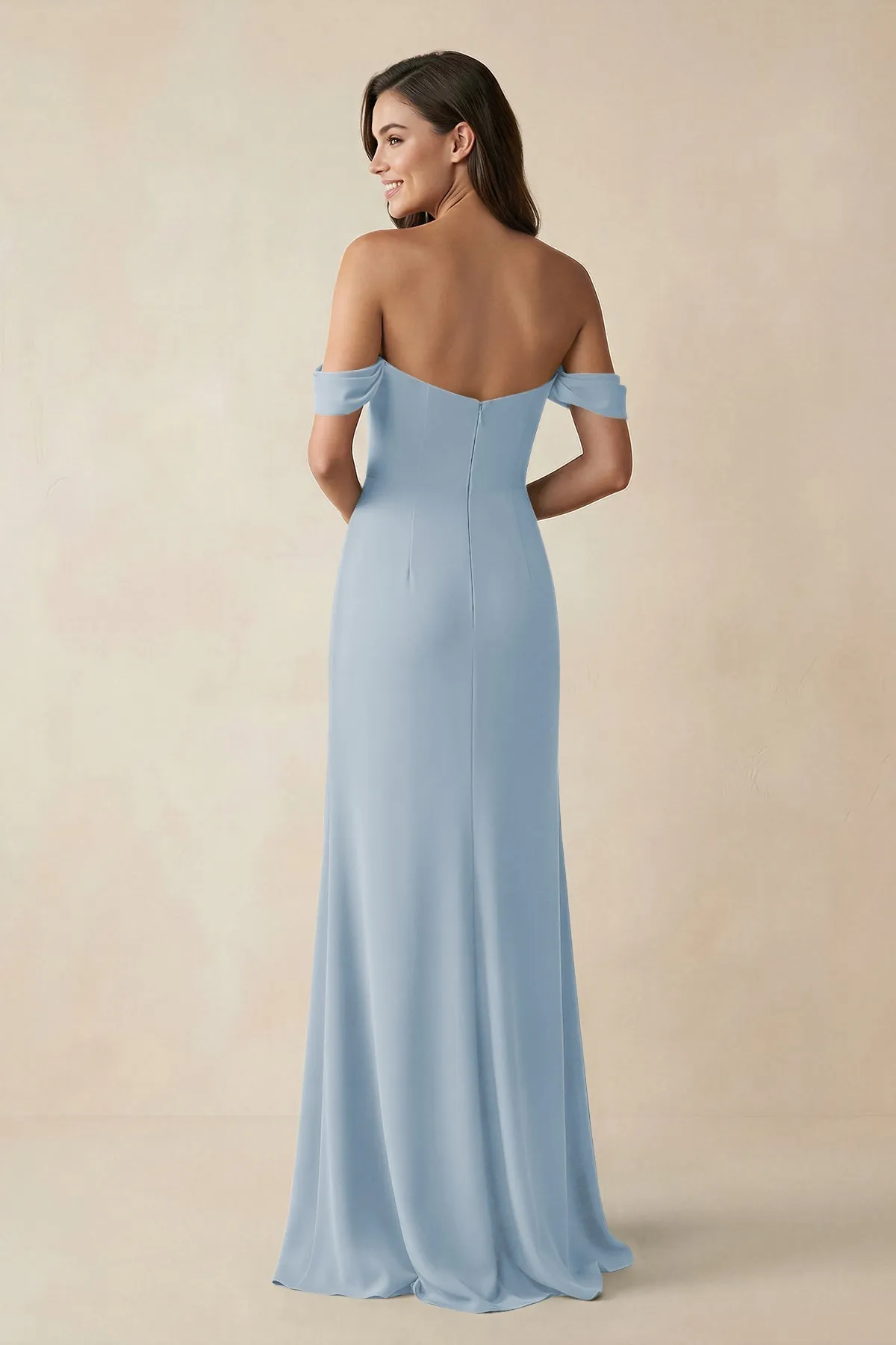 Off-the-Shoulder Sheath Bridesmaid Dress with Slit in Dusty Blue sold by KissProm product image thumbnail 2