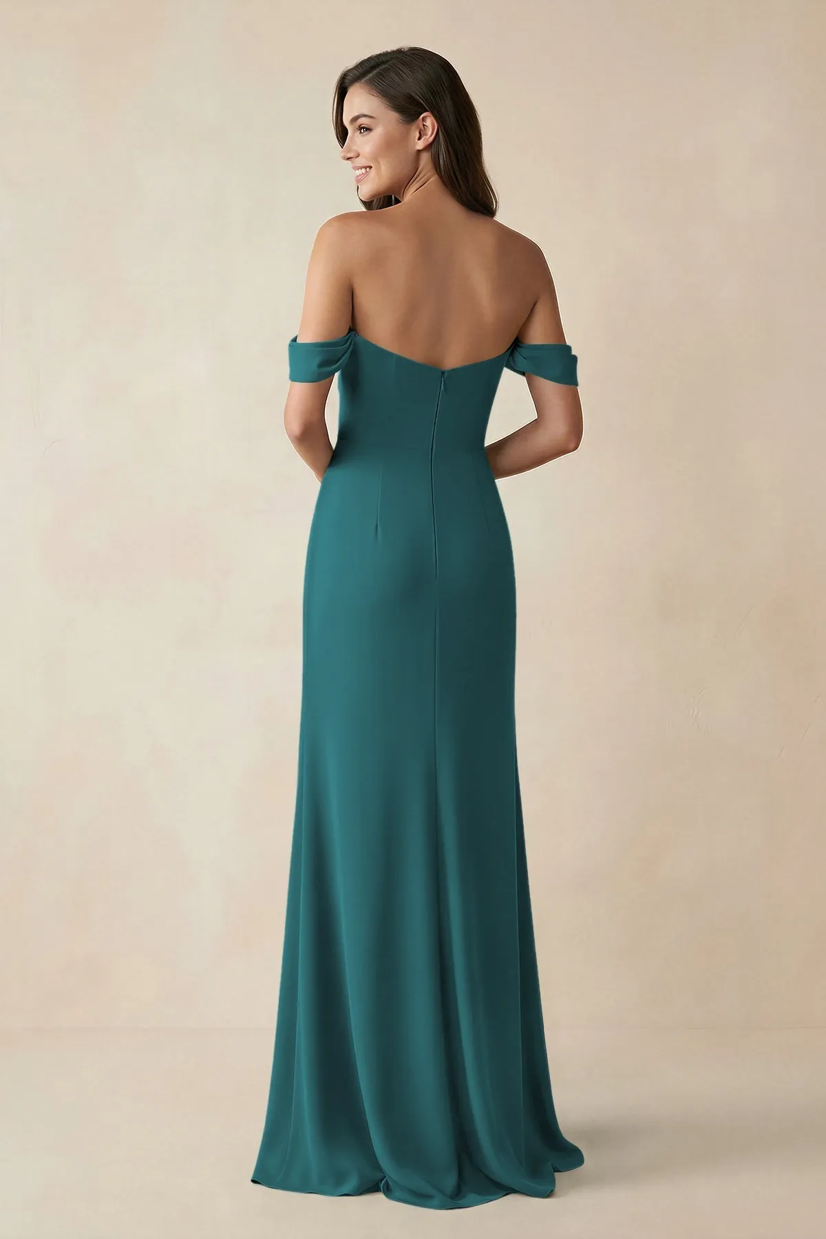 Off-the-Shoulder Sheath Bridesmaid Dress with Slit in Pine sold by KissProm product image thumbnail 2