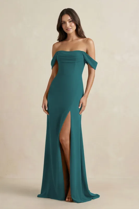 Off-the-Shoulder Sheath Bridesmaid Dress with Slit in Pine made by KissProm