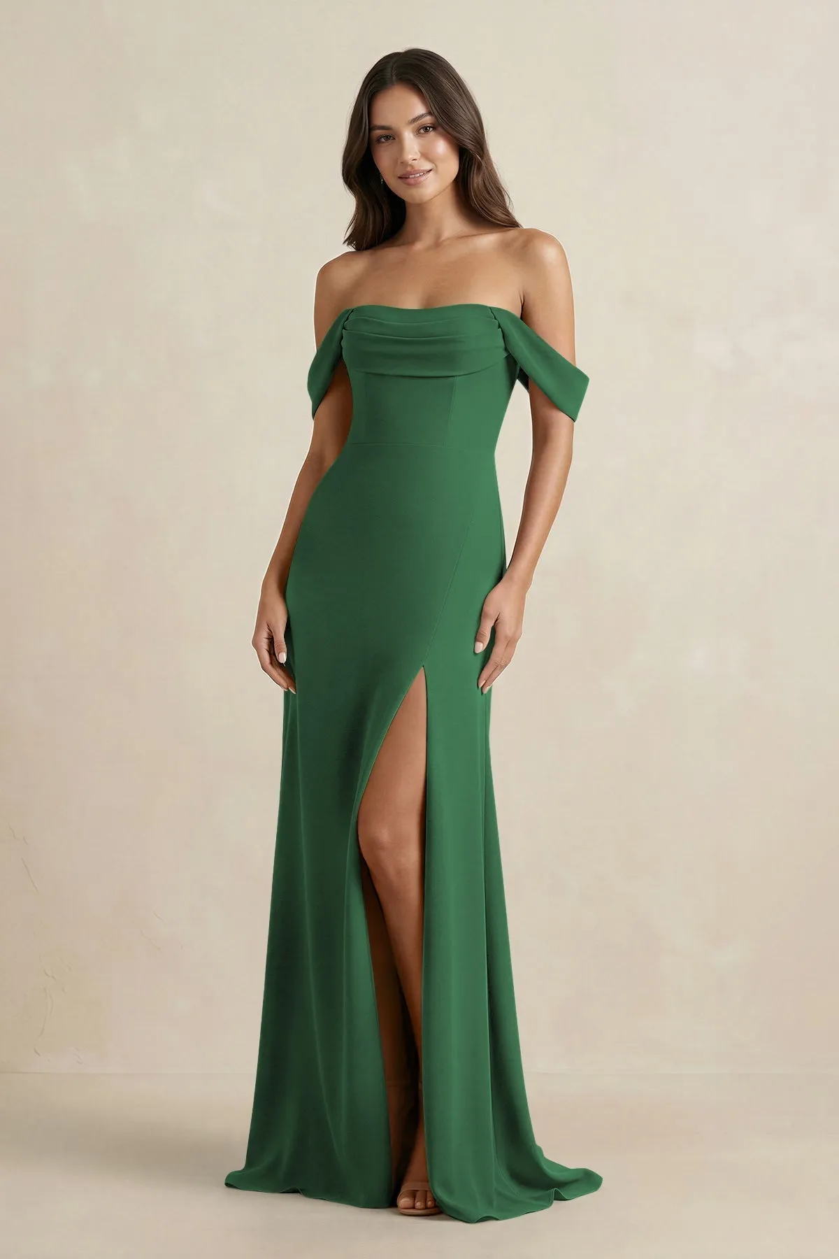 Off-the-Shoulder Sheath Bridesmaid Dress with Slit in Dark Green sold by KissProm