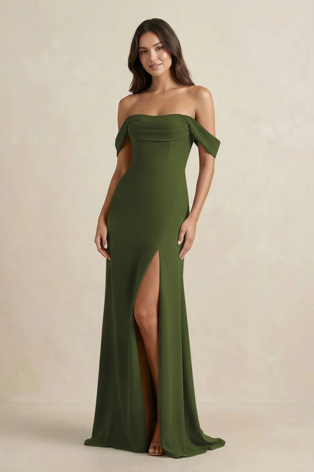 Off-the-Shoulder Sheath Bridesmaid Dress with Slit in Olive sold by KissProm