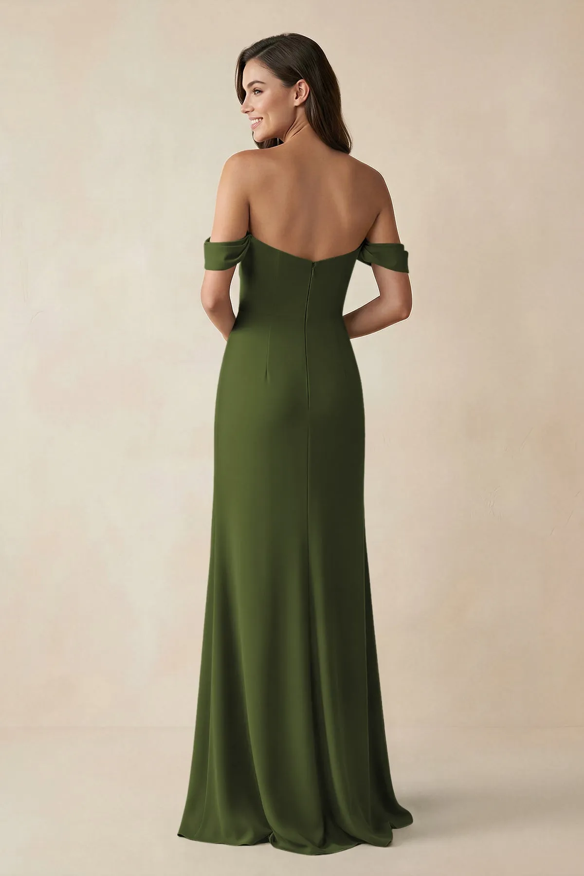 Off-the-Shoulder Sheath Bridesmaid Dress with Slit in Olive sold by KissProm product image thumbnail 2