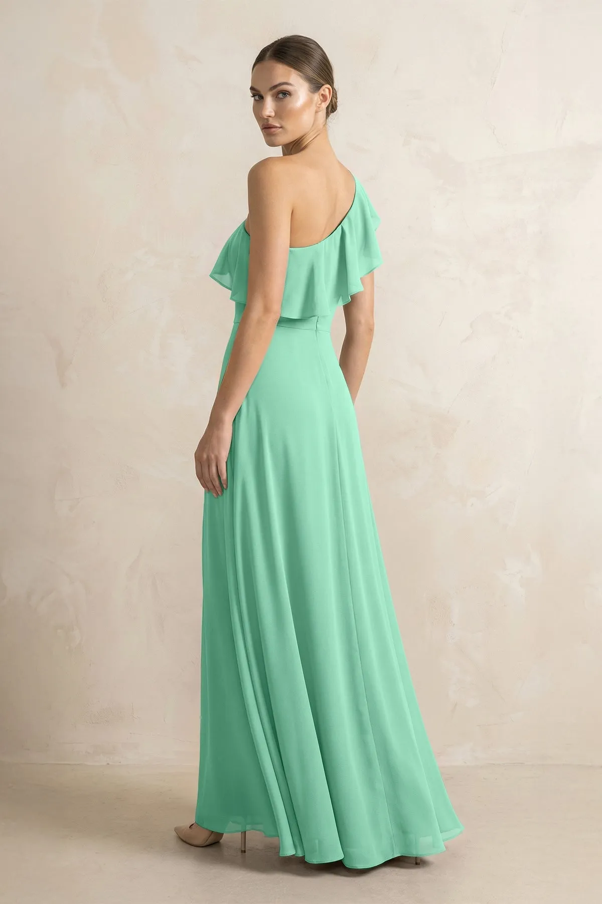 Ruffled One-Shoulder A-Line Chiffon Bridesmaid Dress in Turquoise sold by KissProm product image thumbnail 2