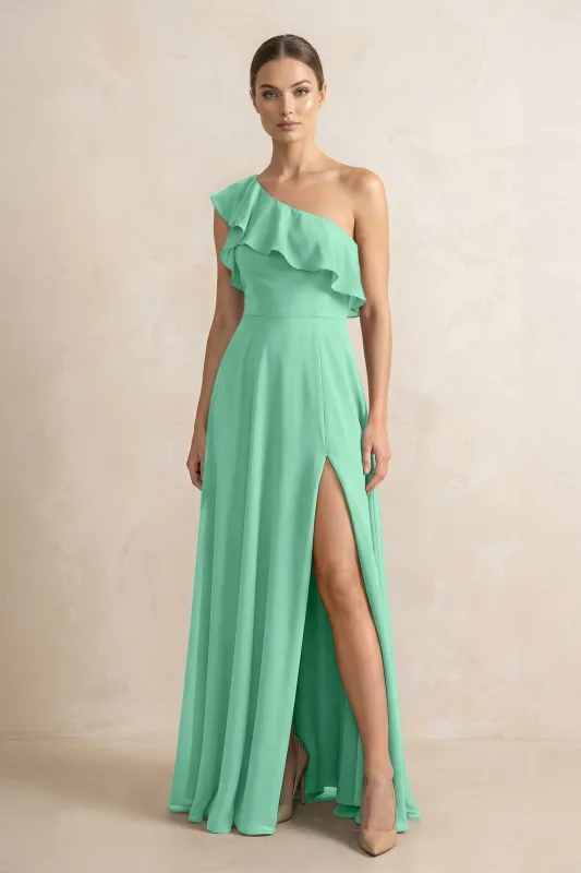 Ruffled One-Shoulder A-Line Chiffon Bridesmaid Dress in Turquoise made by KissProm