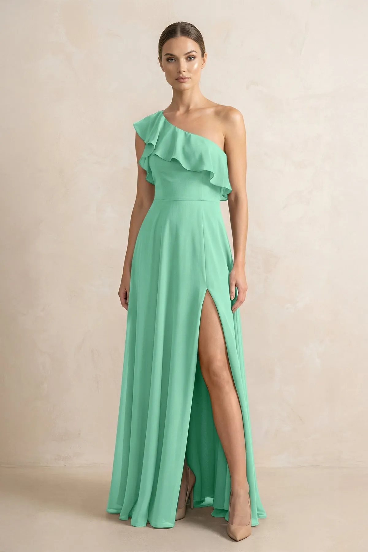 Ruffled One-Shoulder A-Line Chiffon Bridesmaid Dress in Turquoise sold by KissProm