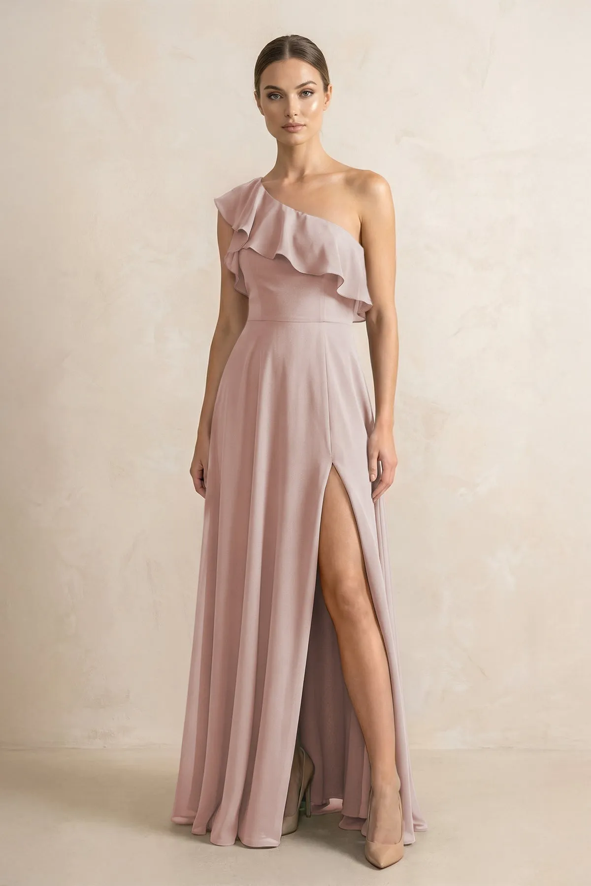 Ruffled One-Shoulder A-Line Chiffon Bridesmaid Dress in Toffee sold by KissProm