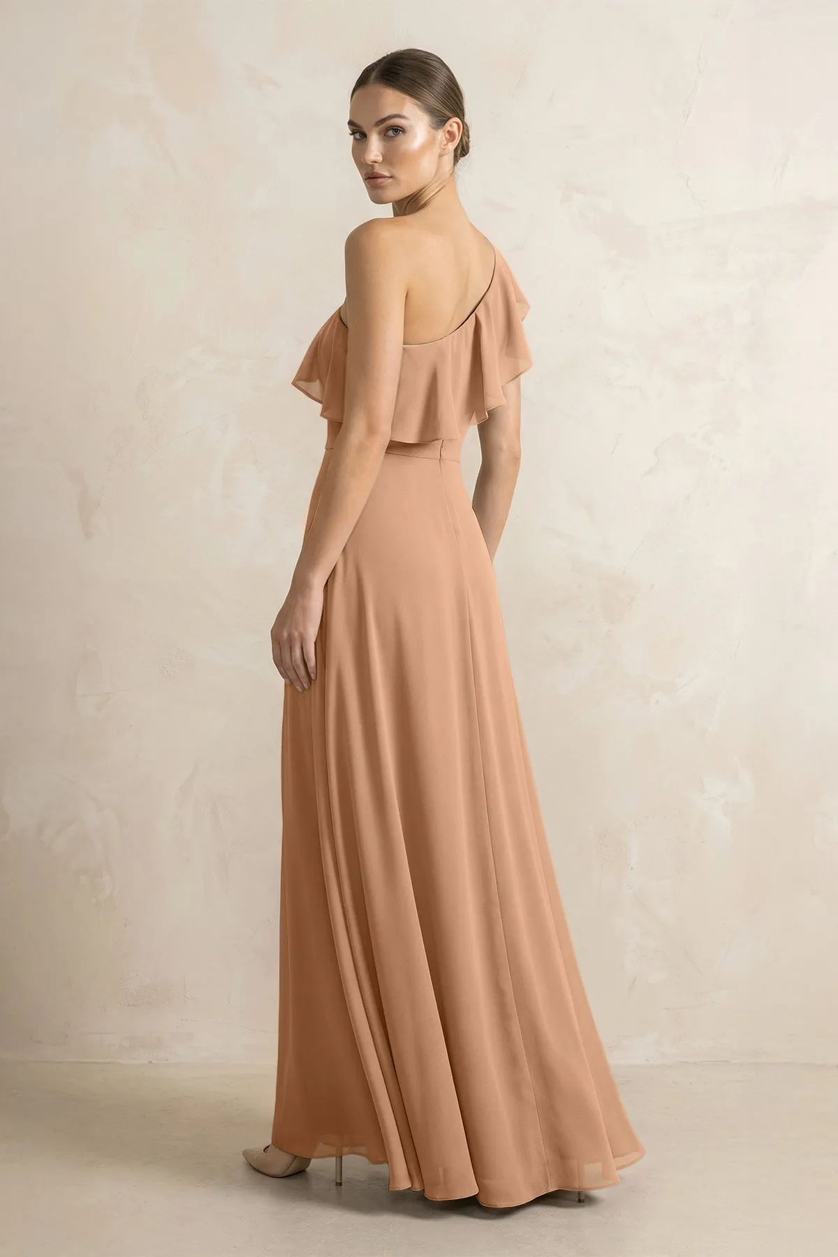 Ruffled One-Shoulder A-Line Chiffon Bridesmaid Dress in Bronzer sold by KissProm product image thumbnail 2