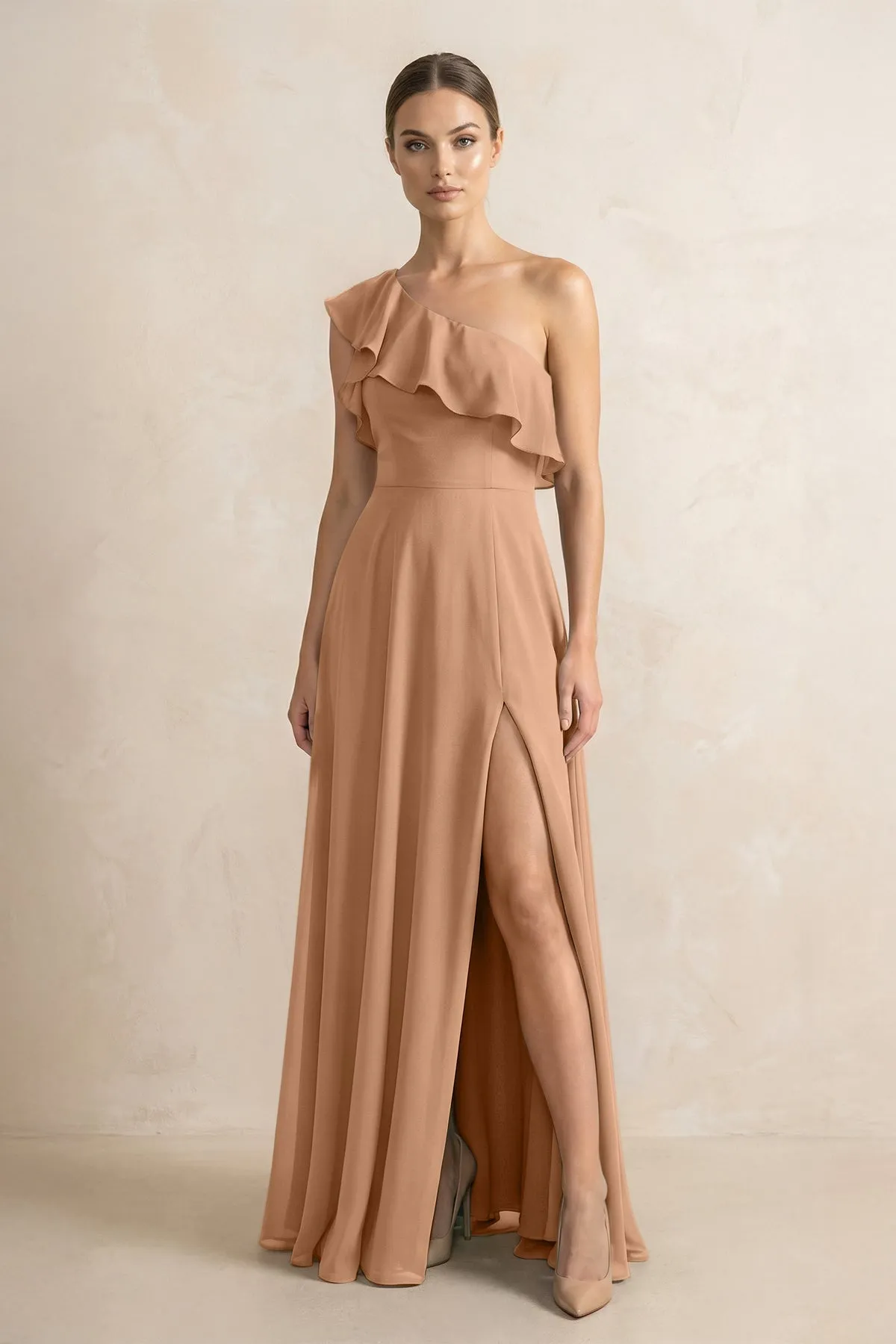 Ruffled One-Shoulder A-Line Chiffon Bridesmaid Dress in Bronzer sold by KissProm