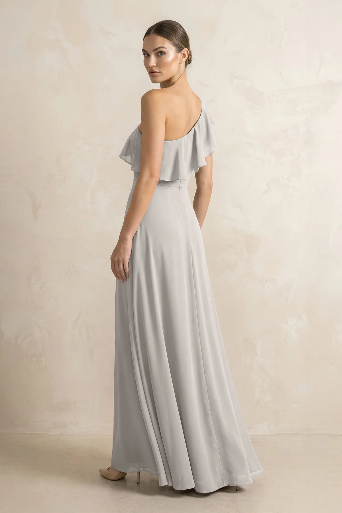 Ruffled One-Shoulder A-Line Chiffon Bridesmaid Dress in Silver sold by KissProm product image thumbnail 2