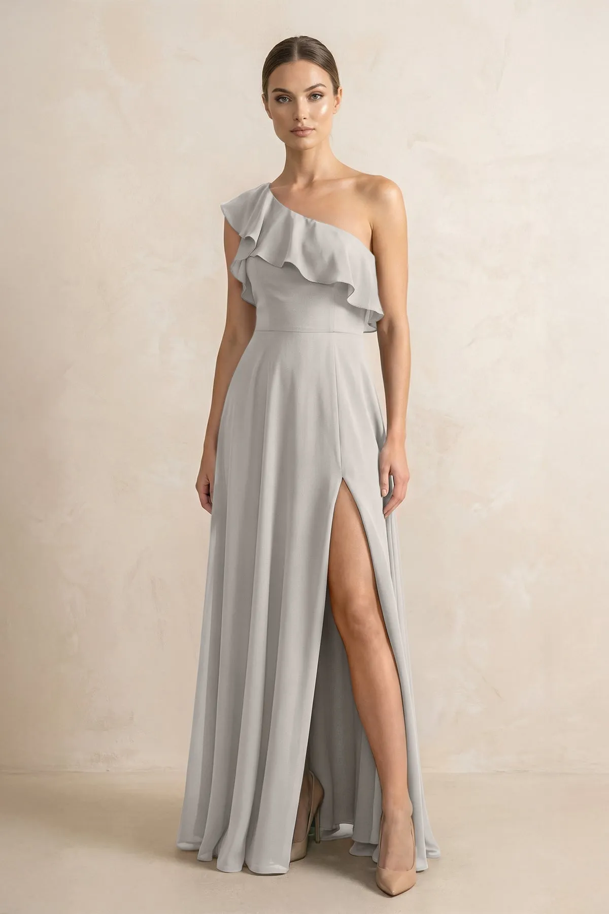 Ruffled One-Shoulder A-Line Chiffon Bridesmaid Dress in Silver sold by KissProm