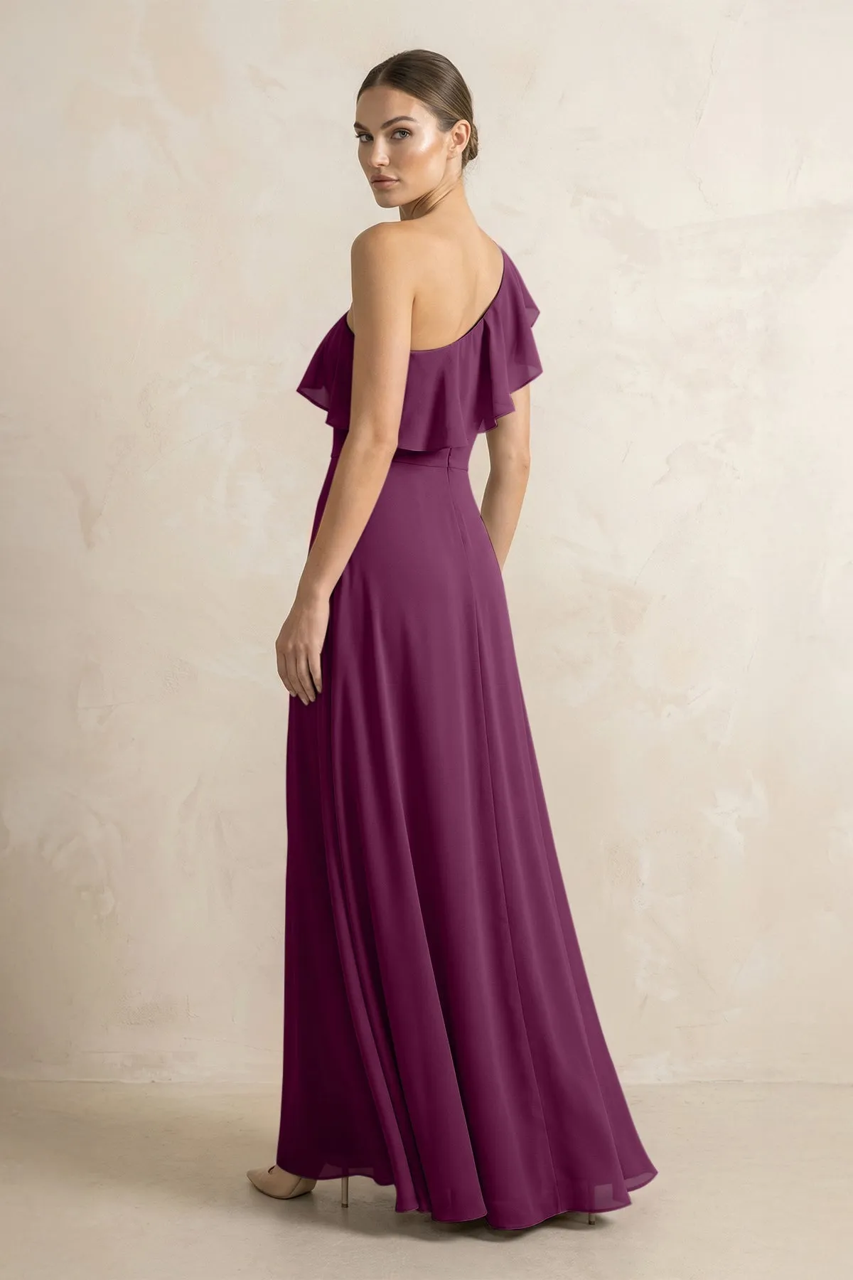 Ruffled One-Shoulder A-Line Chiffon Bridesmaid Dress in Fig sold by KissProm product image thumbnail 2