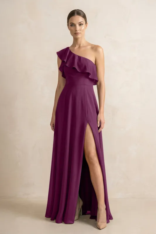 Ruffled One-Shoulder A-Line Chiffon Bridesmaid Dress in Fig made by KissProm