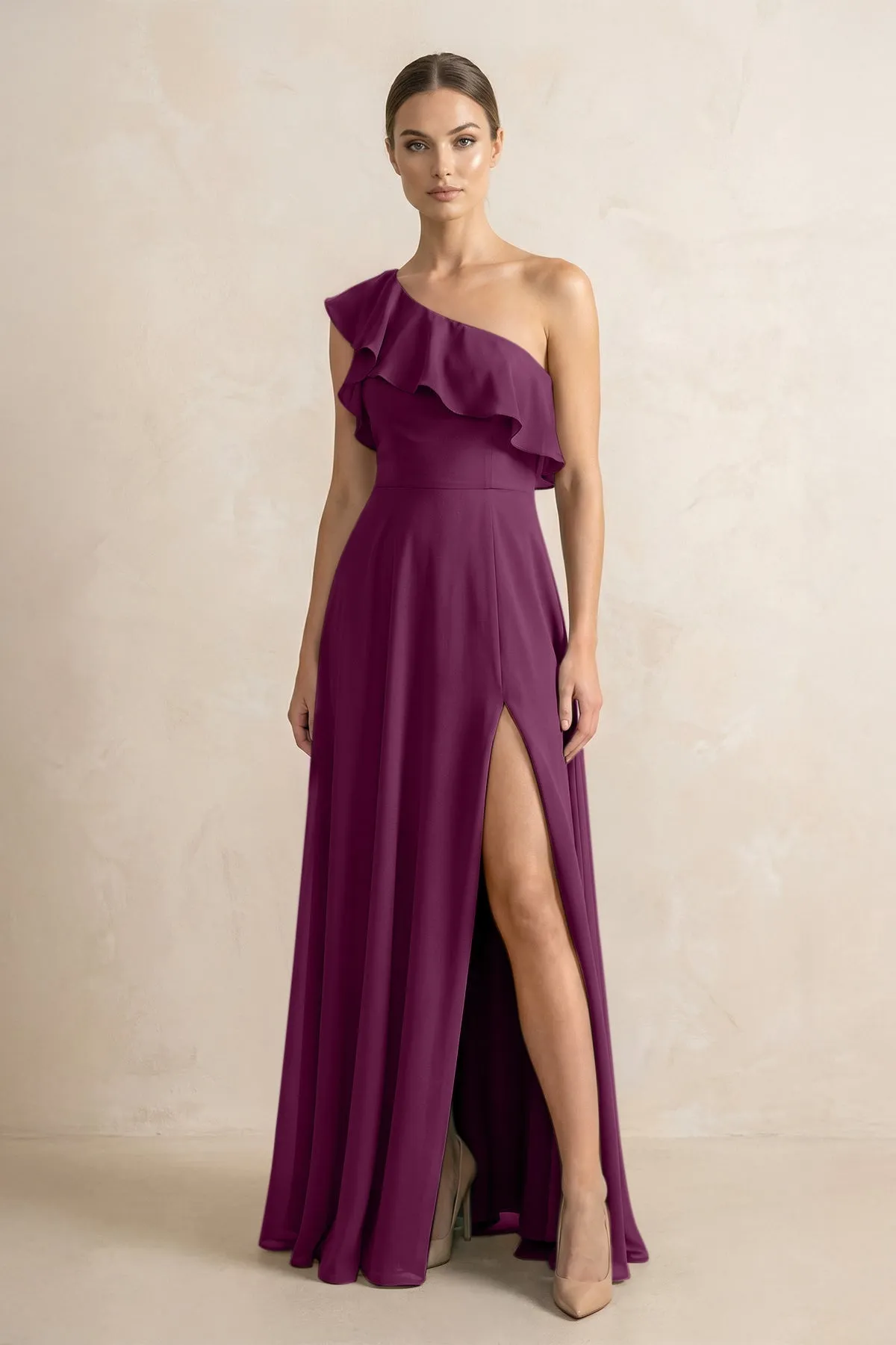 Ruffled One-Shoulder A-Line Chiffon Bridesmaid Dress in Fig sold by KissProm