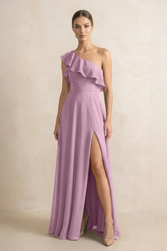 Ruffled One-Shoulder A-Line Chiffon Bridesmaid Dress in Wisteria made by KissProm
